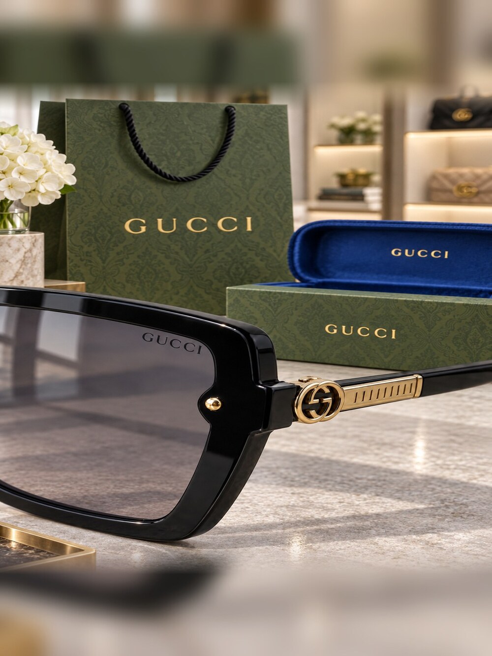 Gucci Black Gold Trim Square Sunglasses - Picture 4 of 6